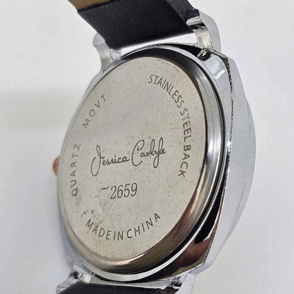 Jessica Carlyle 36MM Women Watch White Dial Crystal Bezel Black Bands NewBattery